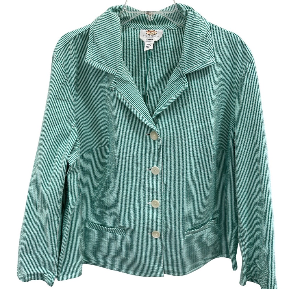 Talbots Woman Petites Green White Seersucker Stripe Blazer Jacket 20WP Stretch